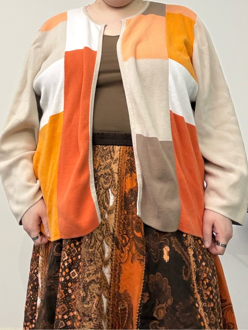 Designers Originals Colorblock Open Cardigan in Orange, Cream & Brown
